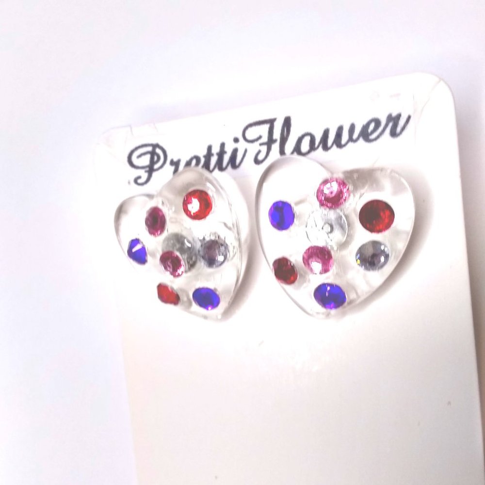 Multicolored Rhinestone Heart Stud Earrings, Heart Earrings, Glass Heart Earring